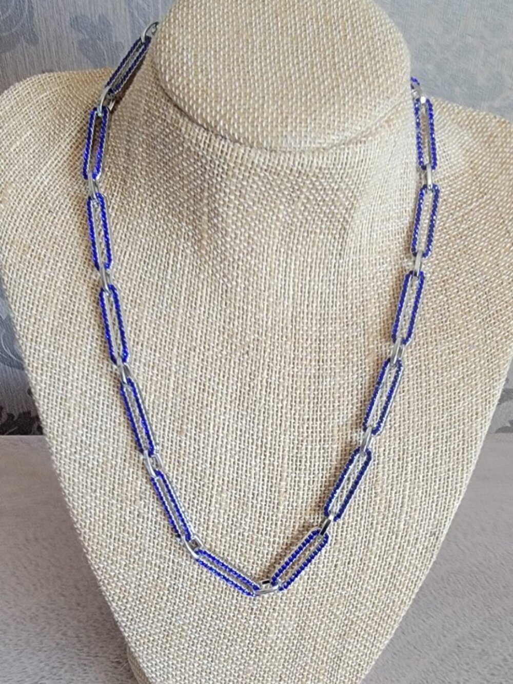 Blue Austrian Crystal Paperclip 18 inch Chain Necklace in Silvertone